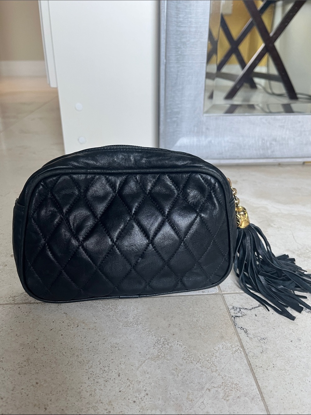 Vintage Holt Renfrew Black Quilted Leather Clutch/Cosmetic/Make up Case w/Tassel